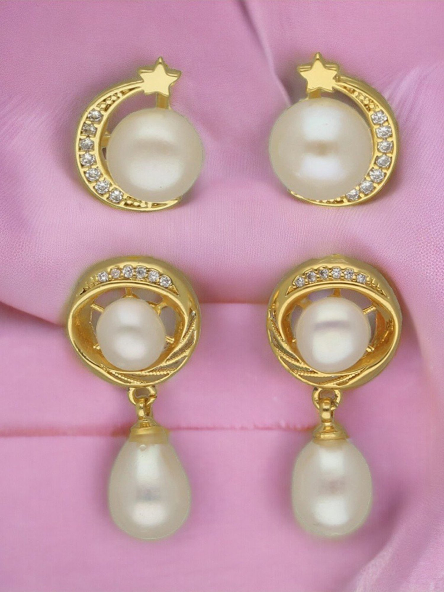 Sri Jagdamba Pearls Charm Round Pearl Stud & Drop Earrings - Set of 2