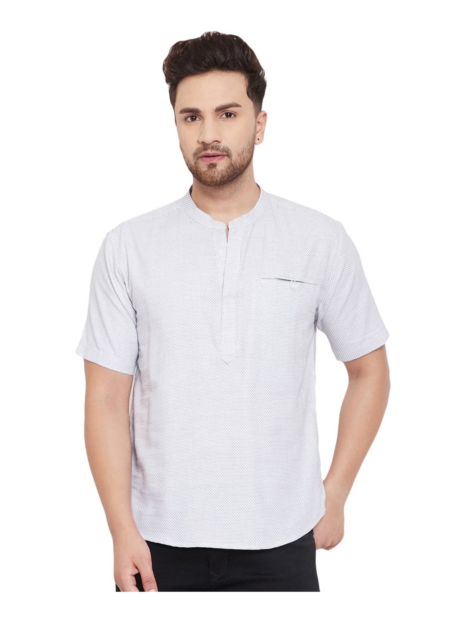 Even White Cotton Regular Fit Self Pattern Short Kurta