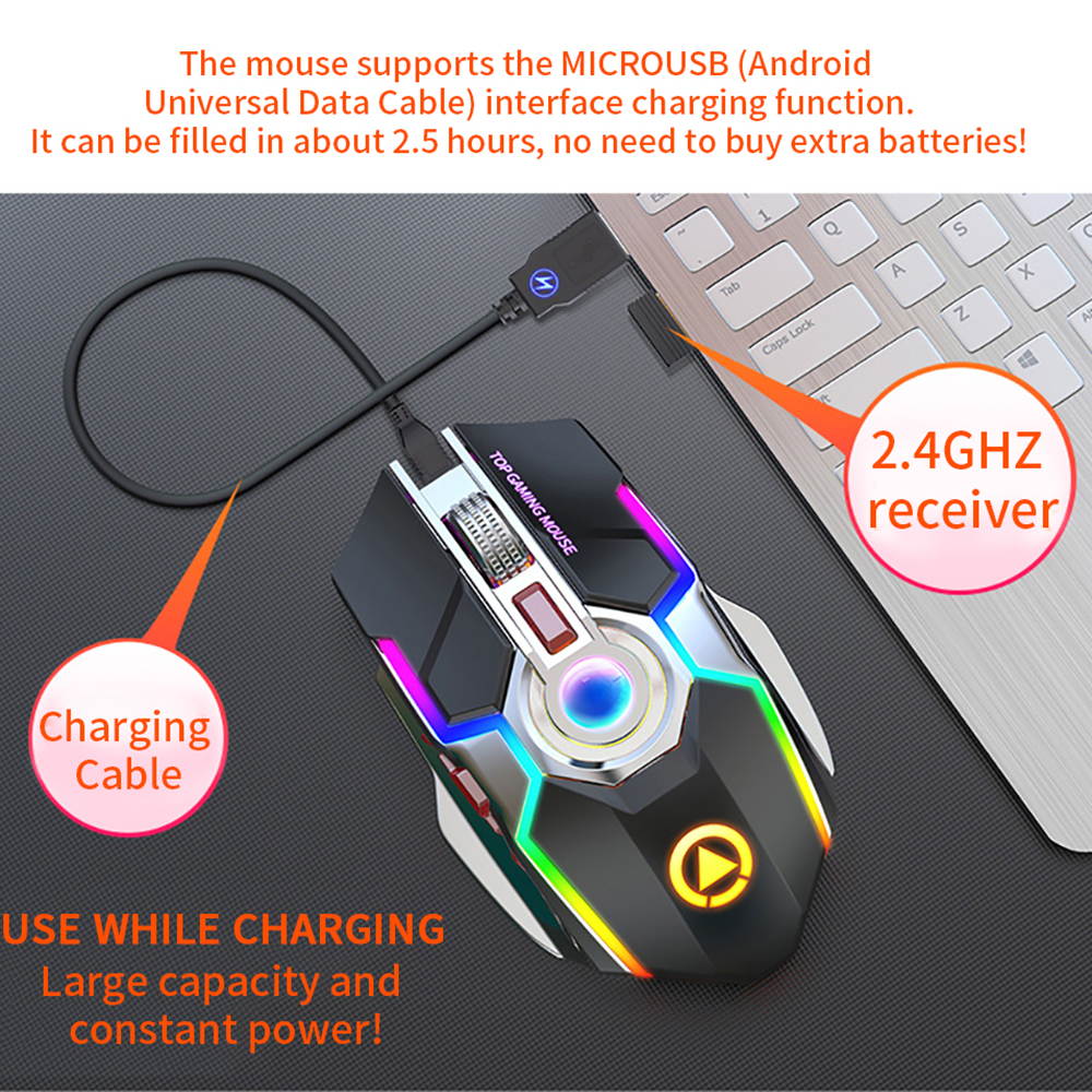 2.4G Wireless Gaming Mouse Rechargeable Silent 7 Color LED Backlit Gaming Mice USB Optical Ergonomic Mouse for PC/LOL CS