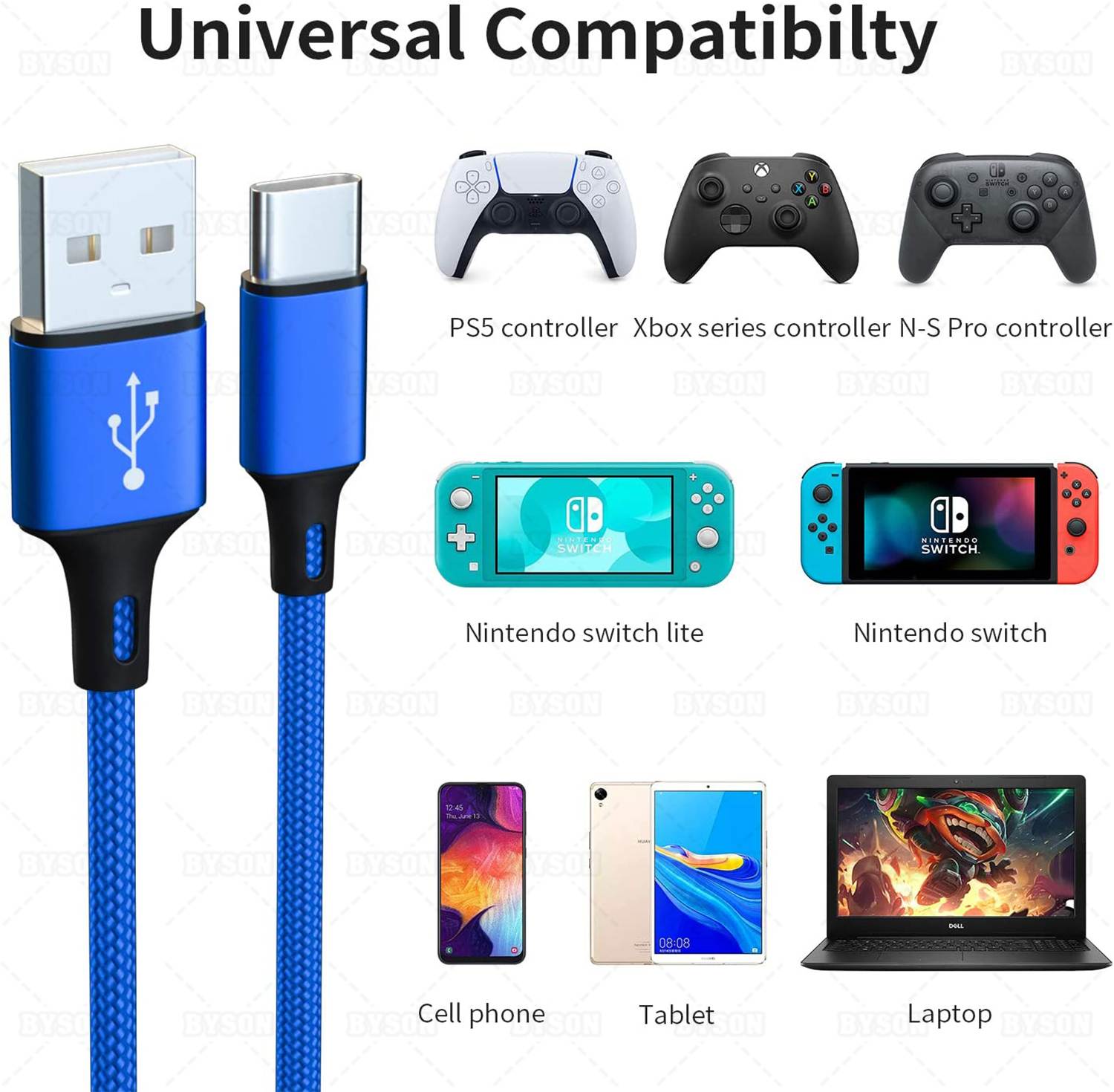 2 Pack 10FT Charging Cable for PS5 DualSense and Xbox Series X/S / Switch Pro Controller, Ackmioxy Charging Cord Nylon Braided Type-C Port Charger Accessories for Playstation 5/ Xbox Series S/X(Gold)