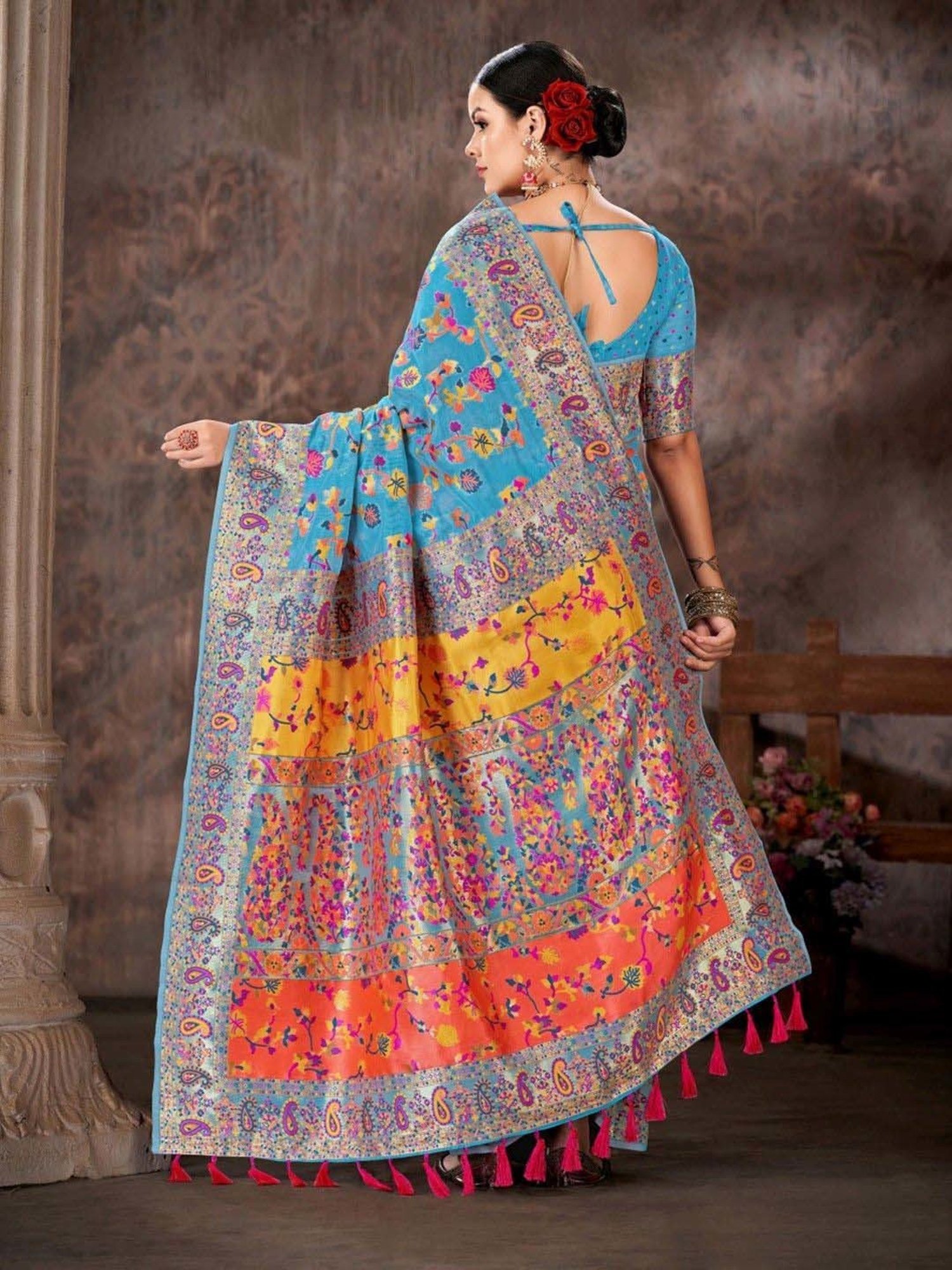 Silk Land Blue Embroidered Saree With Unstitched Blouse