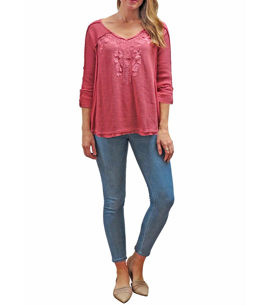 Karyn Seo Arden Embroidered Waffle Knit V-Neck 3/4 Sleeve Top