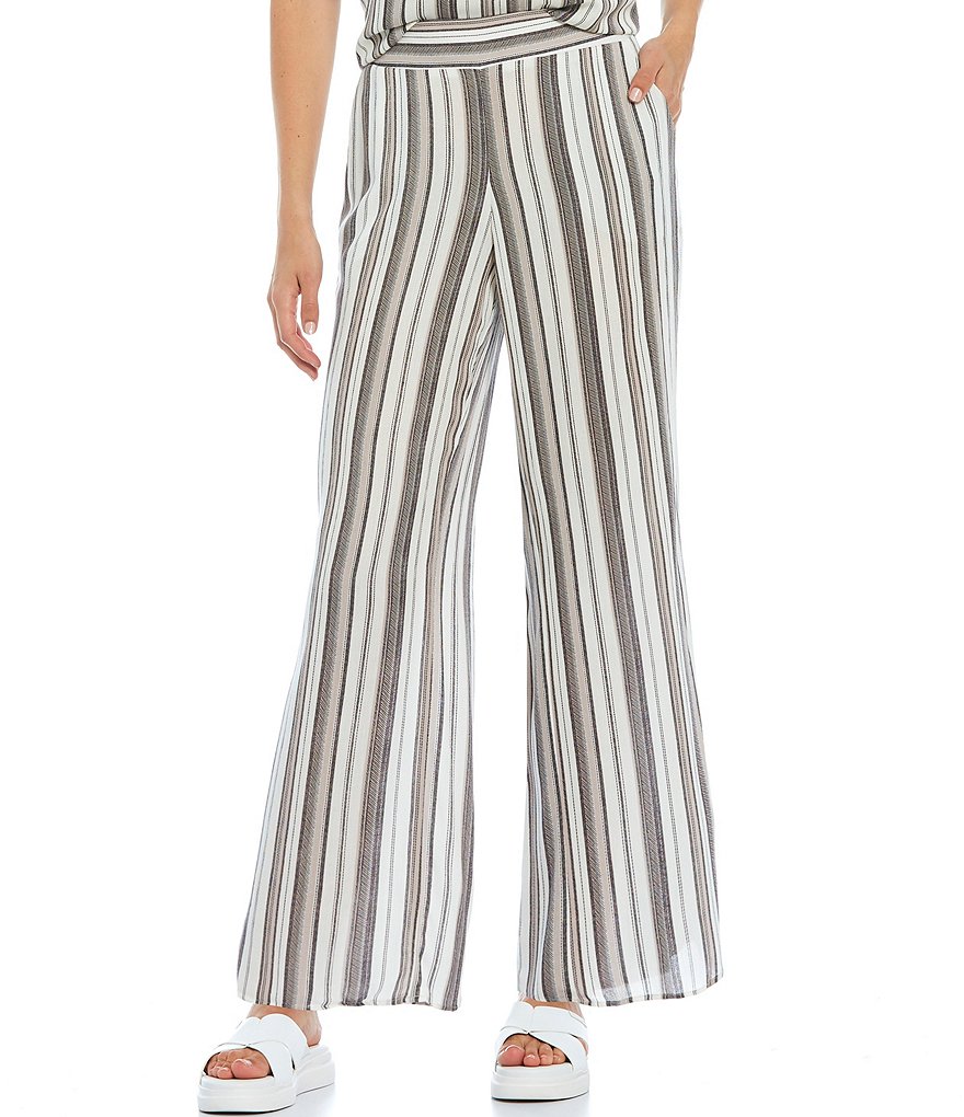 I.N. Studio Petite Size Stripe Print Crepon Pull-On Wide Leg Pants