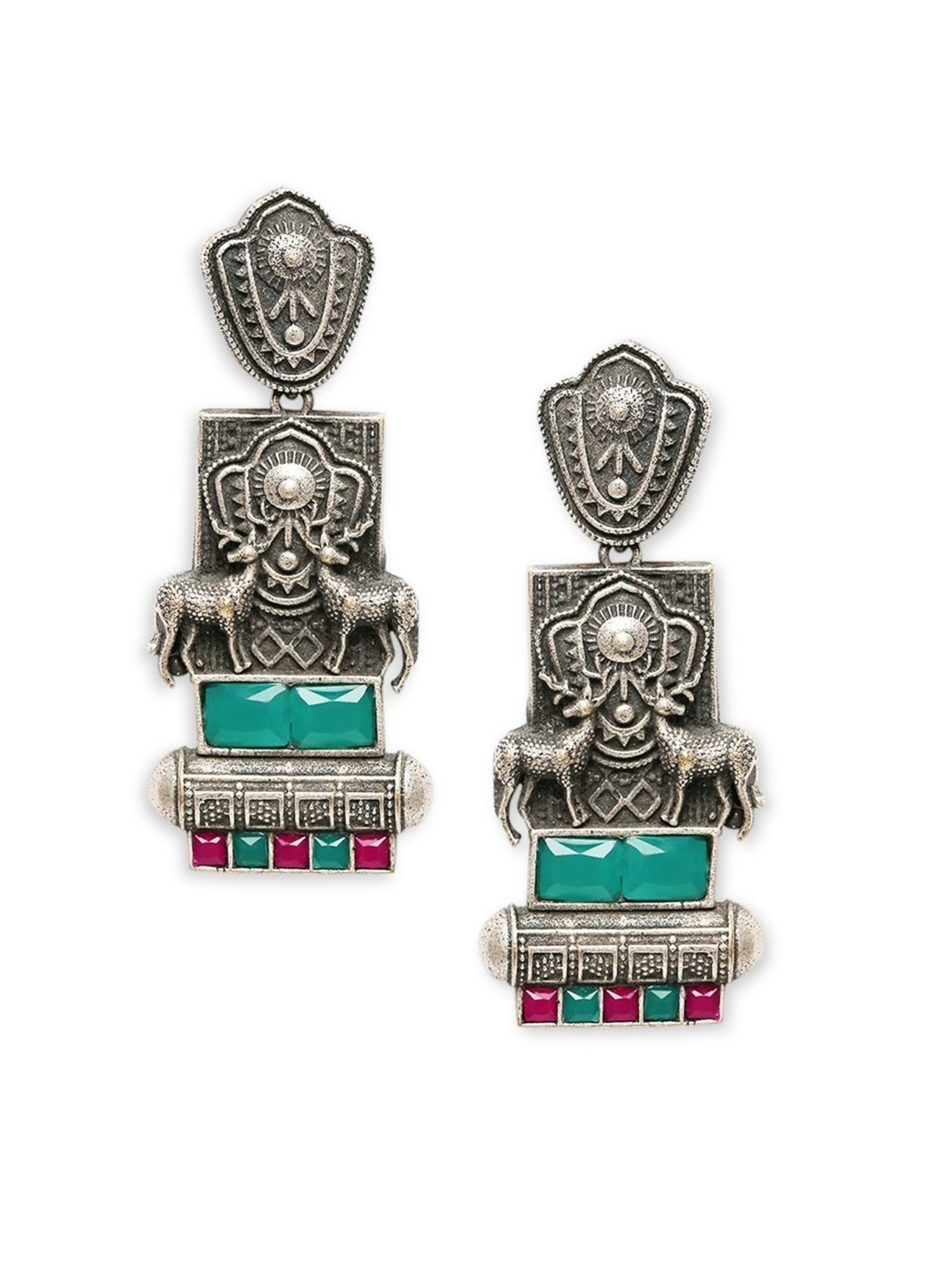 OOMPH Silver Oxidized Look Alike Green Stones Deer Shape Ethnic Dangler Earrings