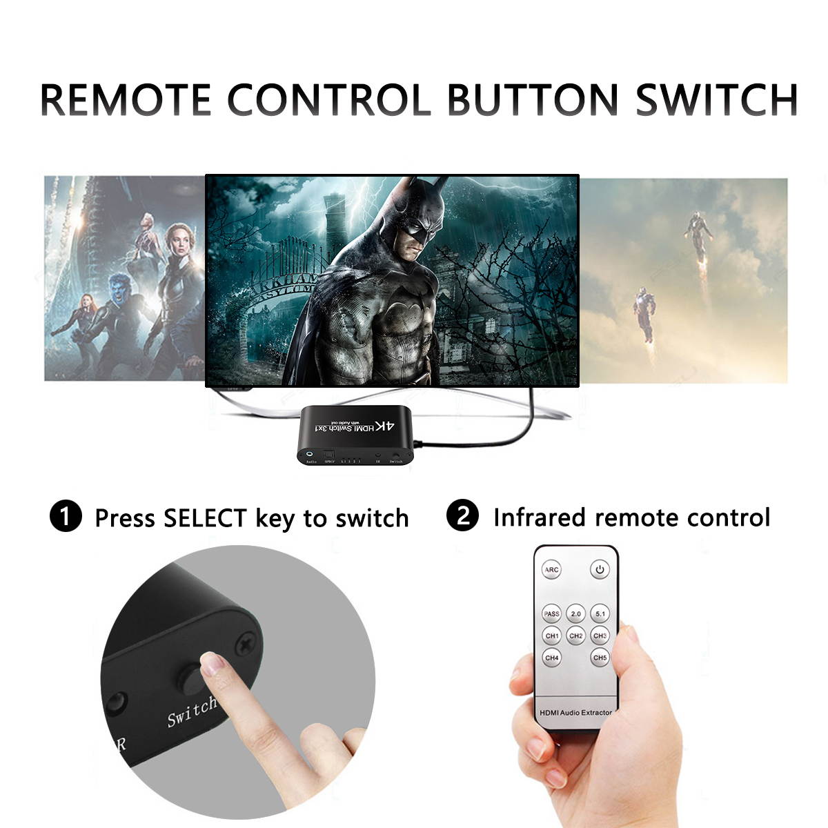 Wiistar 3x1 HDMI Switch Support 4K V1.4, 3 in 1 Switcher with Audio Extractor 3.5mm jack Optical SPDIF Toslink splitter for HDTV PS4