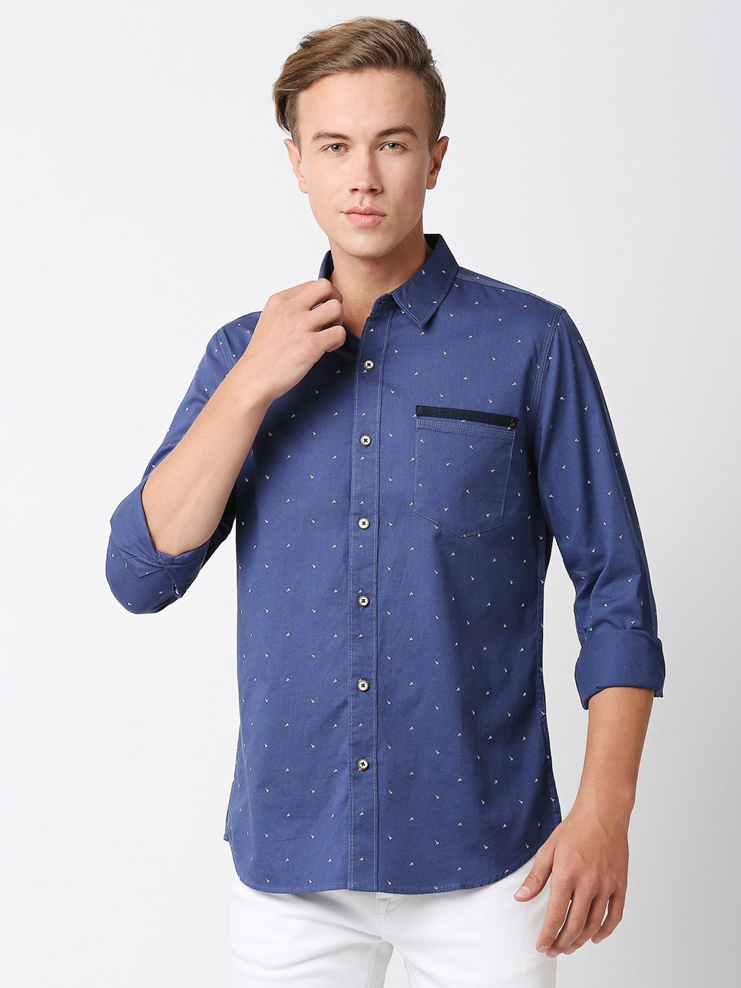 SOLEMIO Blue Slim Fit Printed Shirt