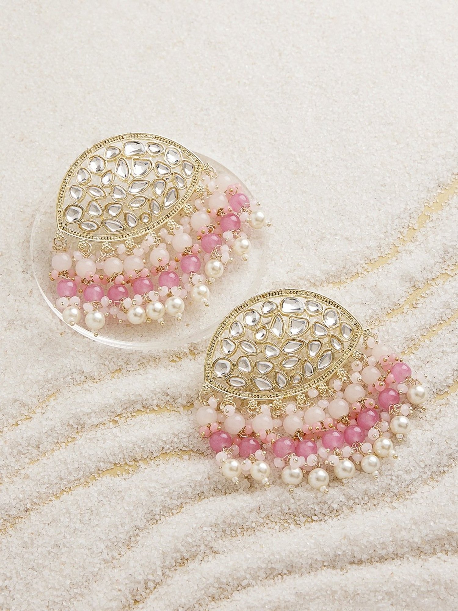 Zaveri Pearls Pink Cluster Beaded Ethnic Kundan Drop Earrings-ZPFK15187