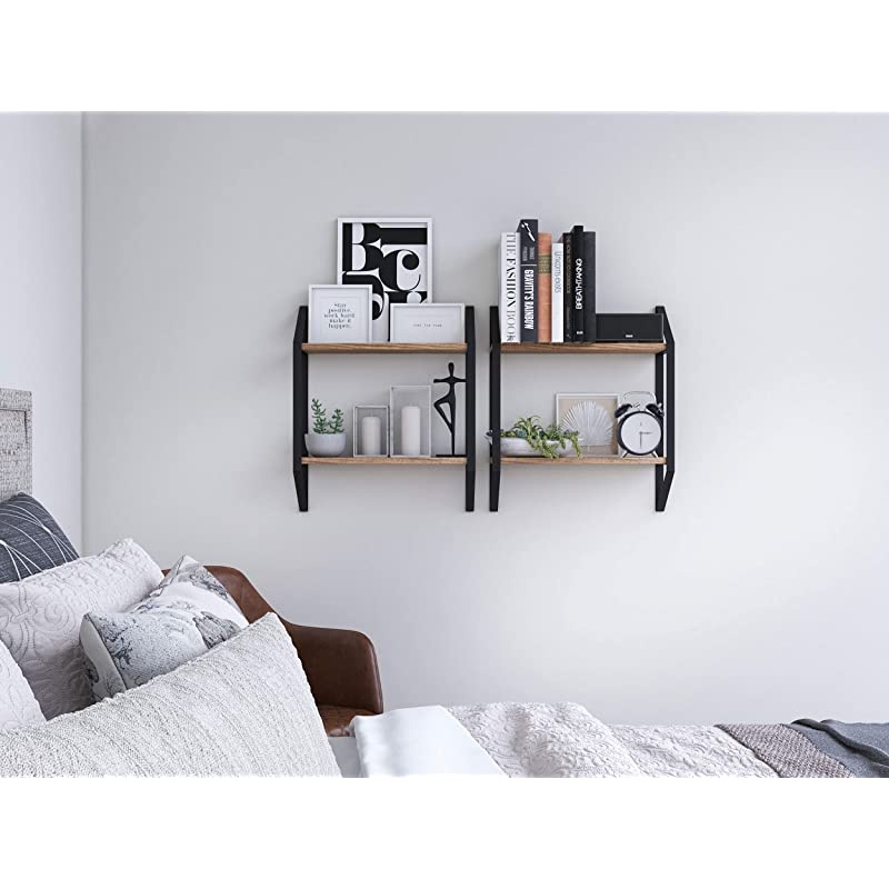 Ponza Floating Shelves for Wall Home Organization and Storage Shelf for Farmhouse Kitchen Decor Natural Burned Rustic Wood Shelf with Metal Brackets Set of 2