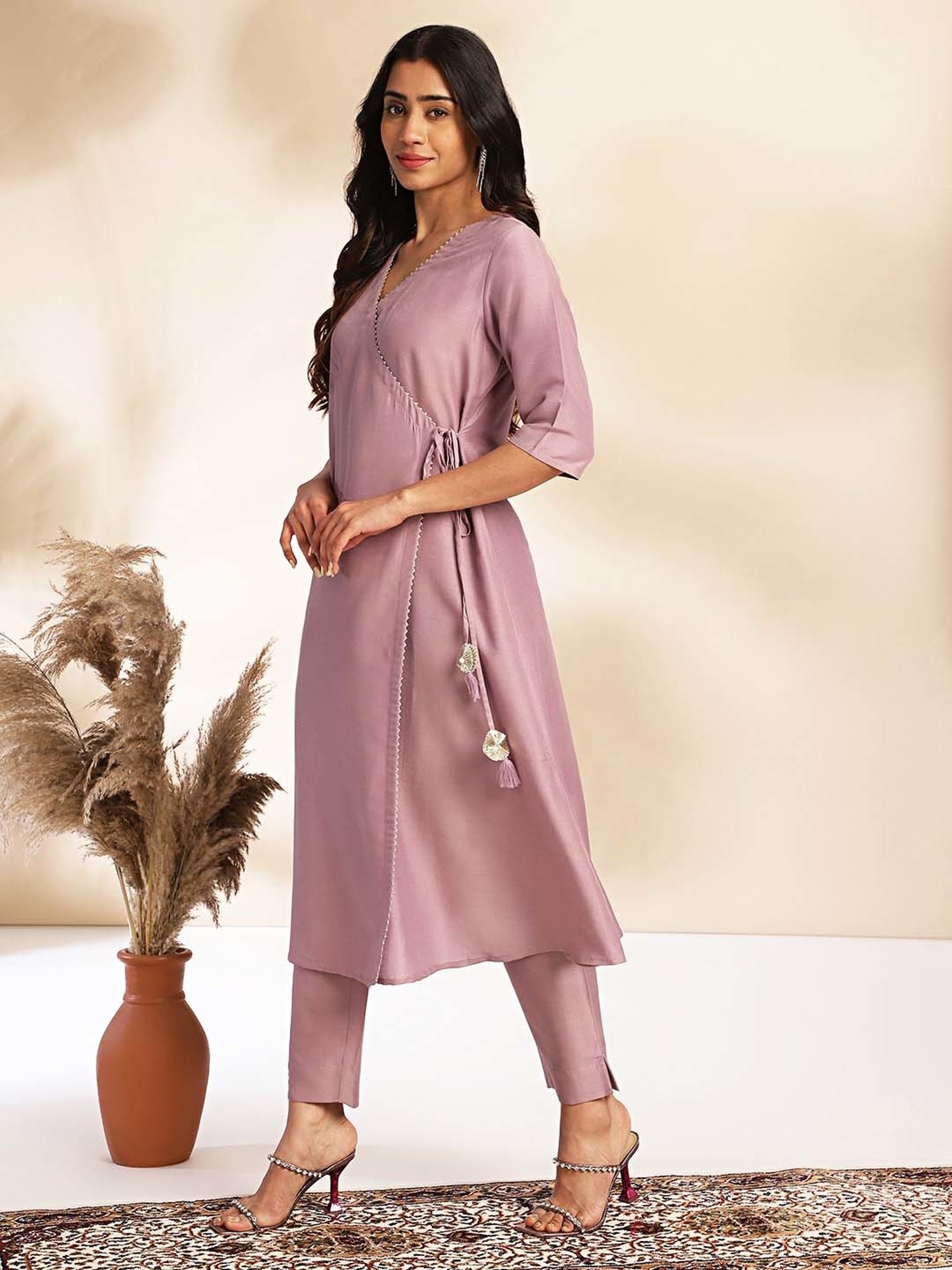 Janasya Pink Regular Fit Kurta Pant Set