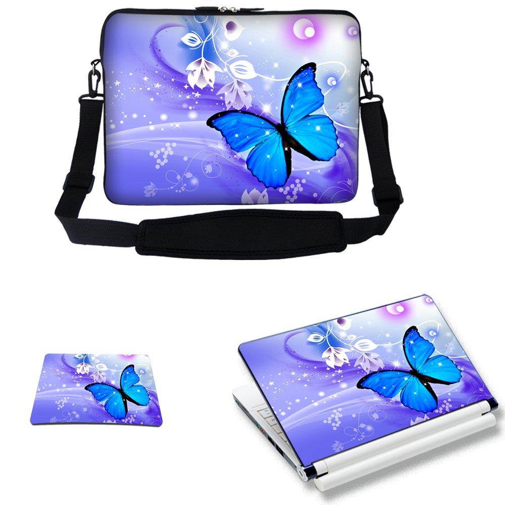 Meffort Inc 17 17.3 inch Laptop Carrying Sleeve Bag Case with Hidden Handle & Adjustable Shoulder Strap with Matching Skin Sticker and Mouse Pad Combo - Blue Flyaway Butterfly