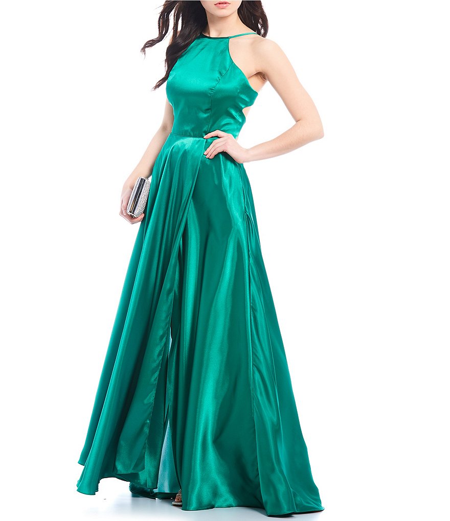 Blondie Nites Halter Neck Lace-Up Back Side Slit Satin Long Dress