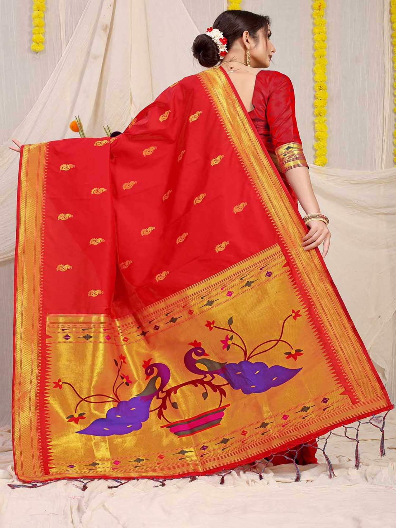SHUBHKALA Red Silk Woven Saree With Unstitched Blouse