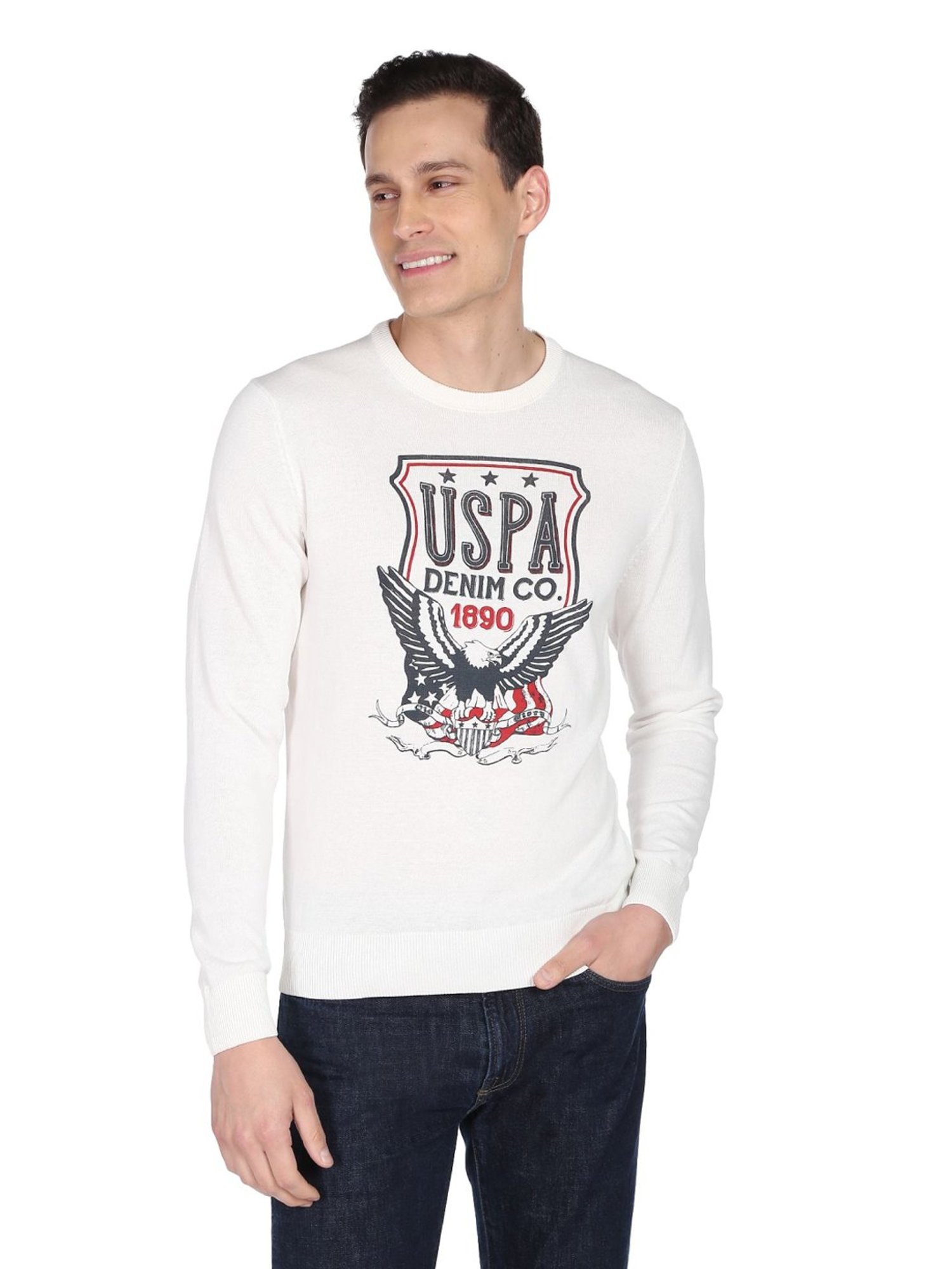 U.S. Polo Assn. Denim Co. Off White Cotton Regular Fit Printed Sweater