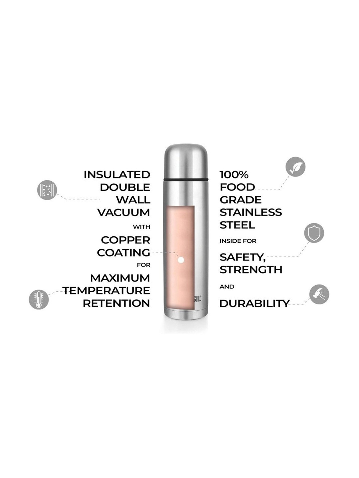 Borosil Silver Stainless Steel Double Wall Vaccum Insulated Water Bottles (1000ml)