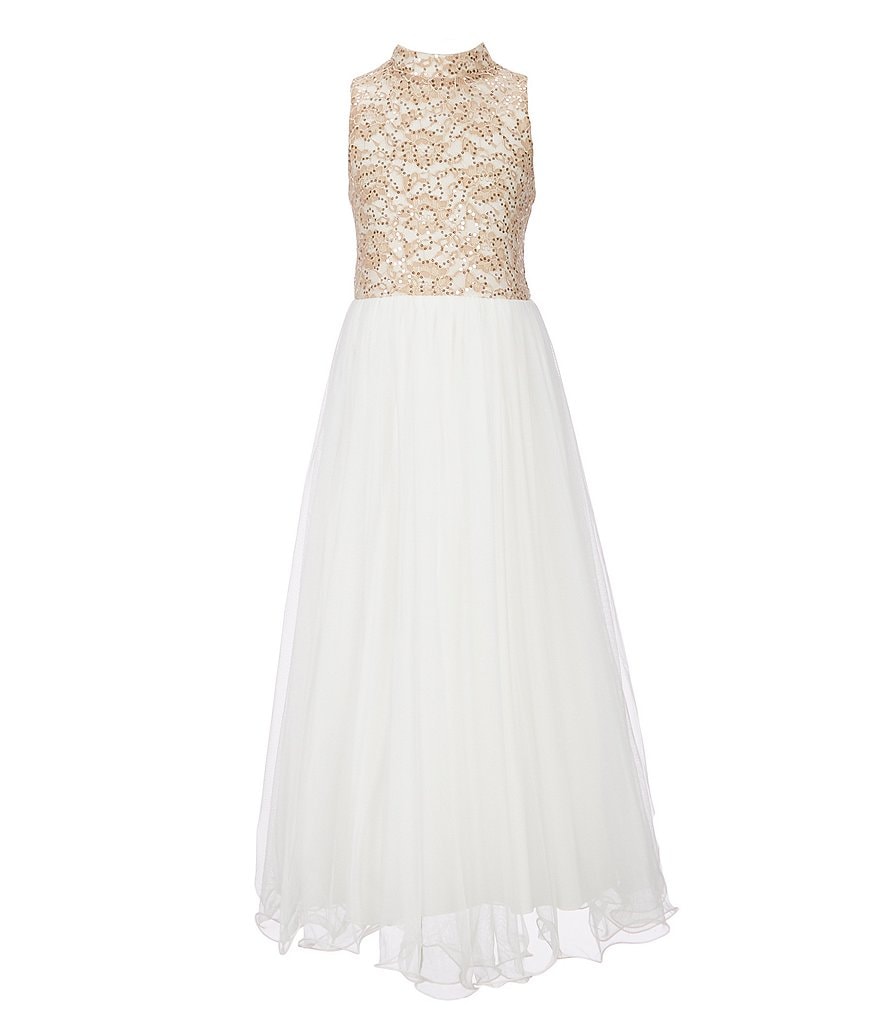 Us Angels Big Girls 6-14 Cap-Sleeve Lace Beaded Mesh Communion Dress