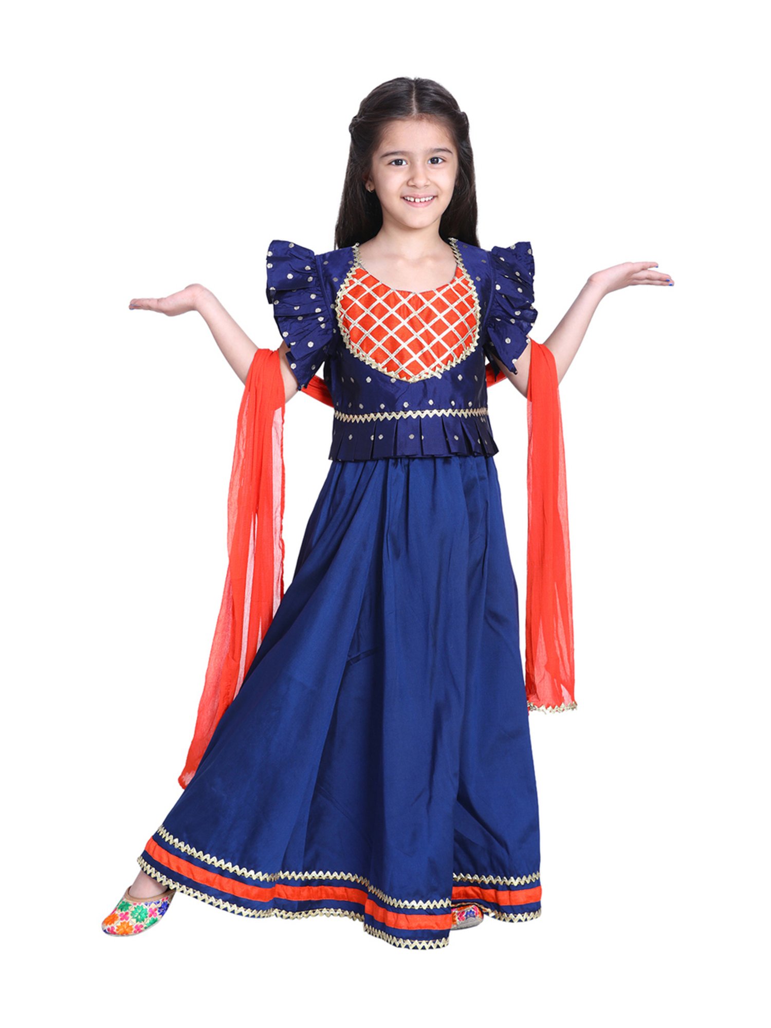 BownBee Kids Blue Zari Work Lehenga Choli With Dupatta