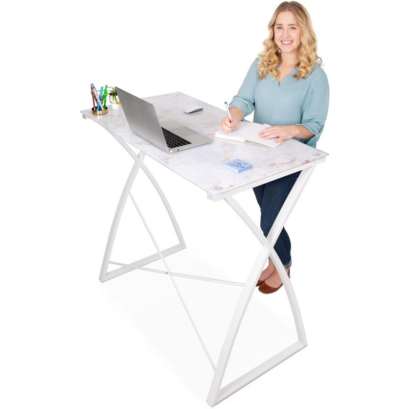 Joy Glass Standing Desk &ndash; 43&rdquo; Modern Multifunctional Stand-Up Table &ndash; Wood Print &ndash; Stand Steady