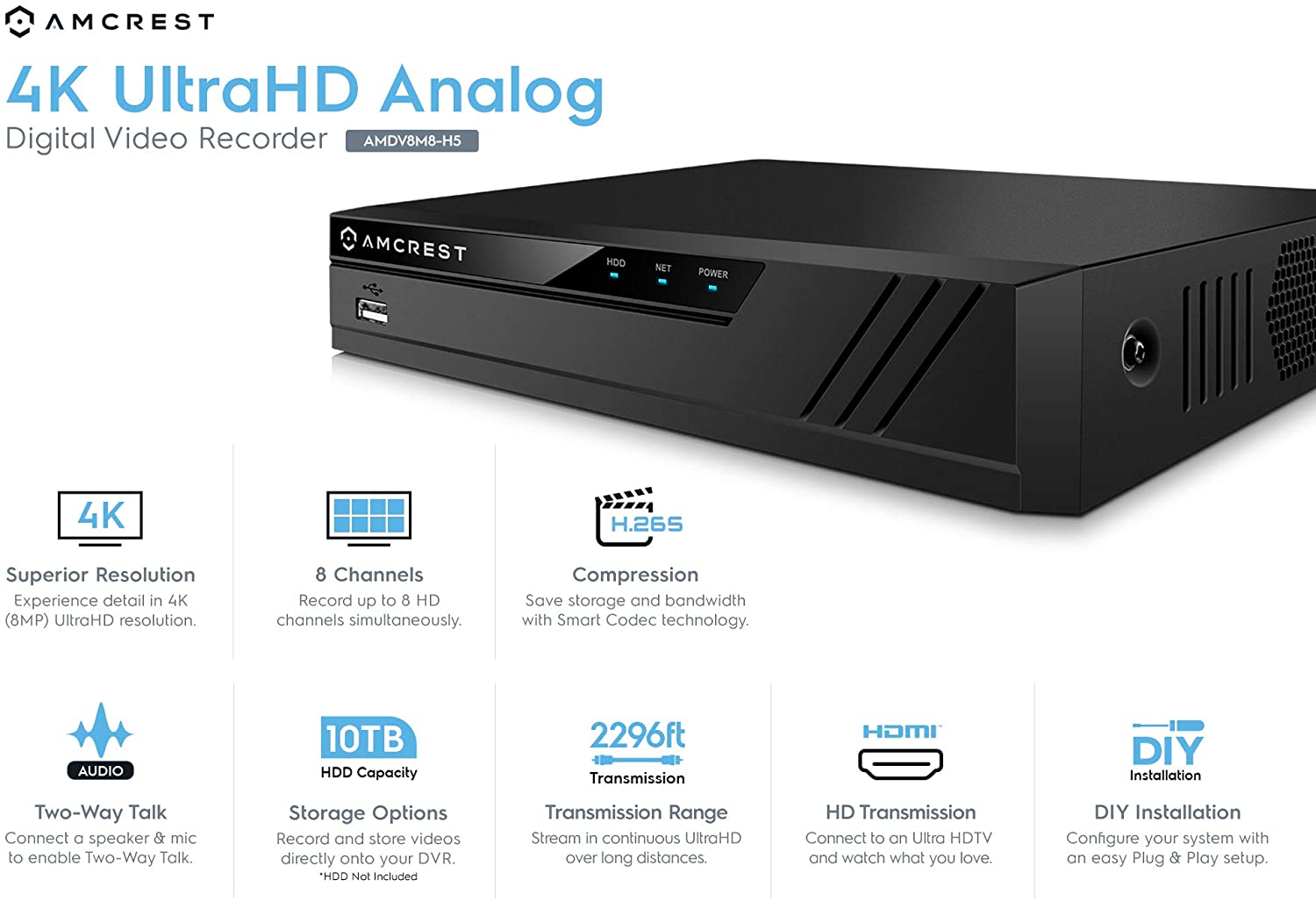 Amcrest 4K Security Camera System 8CH 8MP Video DVR with 8X 4K 8MP Indoor Outdoor Weatherproof IP67 Bullet & Dome Cameras, 2.8mm Lens, HDD Not Included, for Home Business, White (AMDV8M8-4B4D-W)