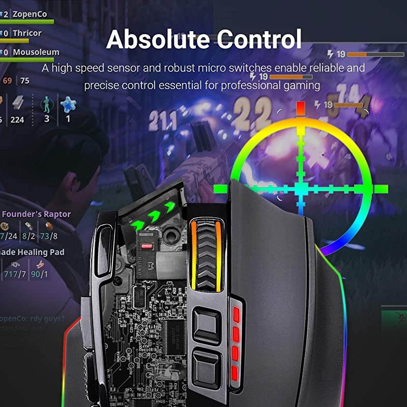 M801 PC Gaming Mouse LED RGB Backlit MMO 9 Programmable Buttons Mouse with Macro Recording Side Buttons Rapid Fire Button for Windows Computer Gamer Wireless Black