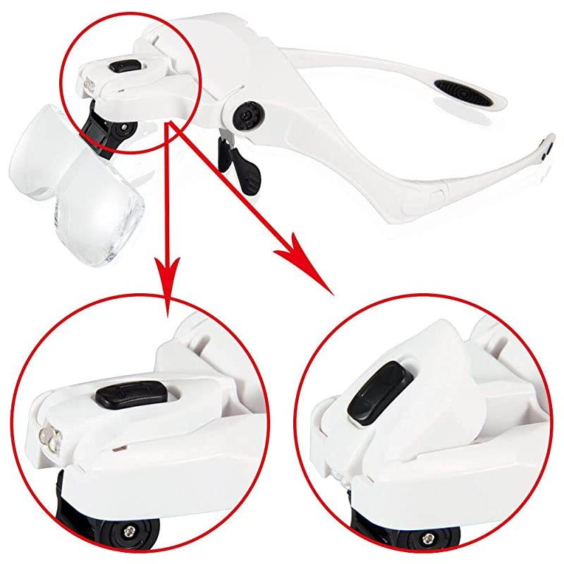 Head Mount Magnifier,  Lighted Magnifying Headband Glass Loupe Visor with 2 LED Light for Close Work, Jewelry Work, Watch Repair, Arts & Crafts, Reading Aid (Magnifying Glasses)