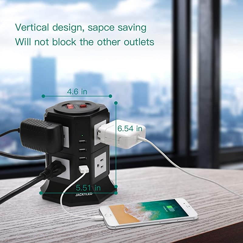 Power Strip Tower  8 AC Outlets 3000W 15A and 4 USB Slots 8A Desktop Smart Charging Station Multiple Protection with Heavy Duty 6.5ft 14 AWG Extension Cord for Home Office