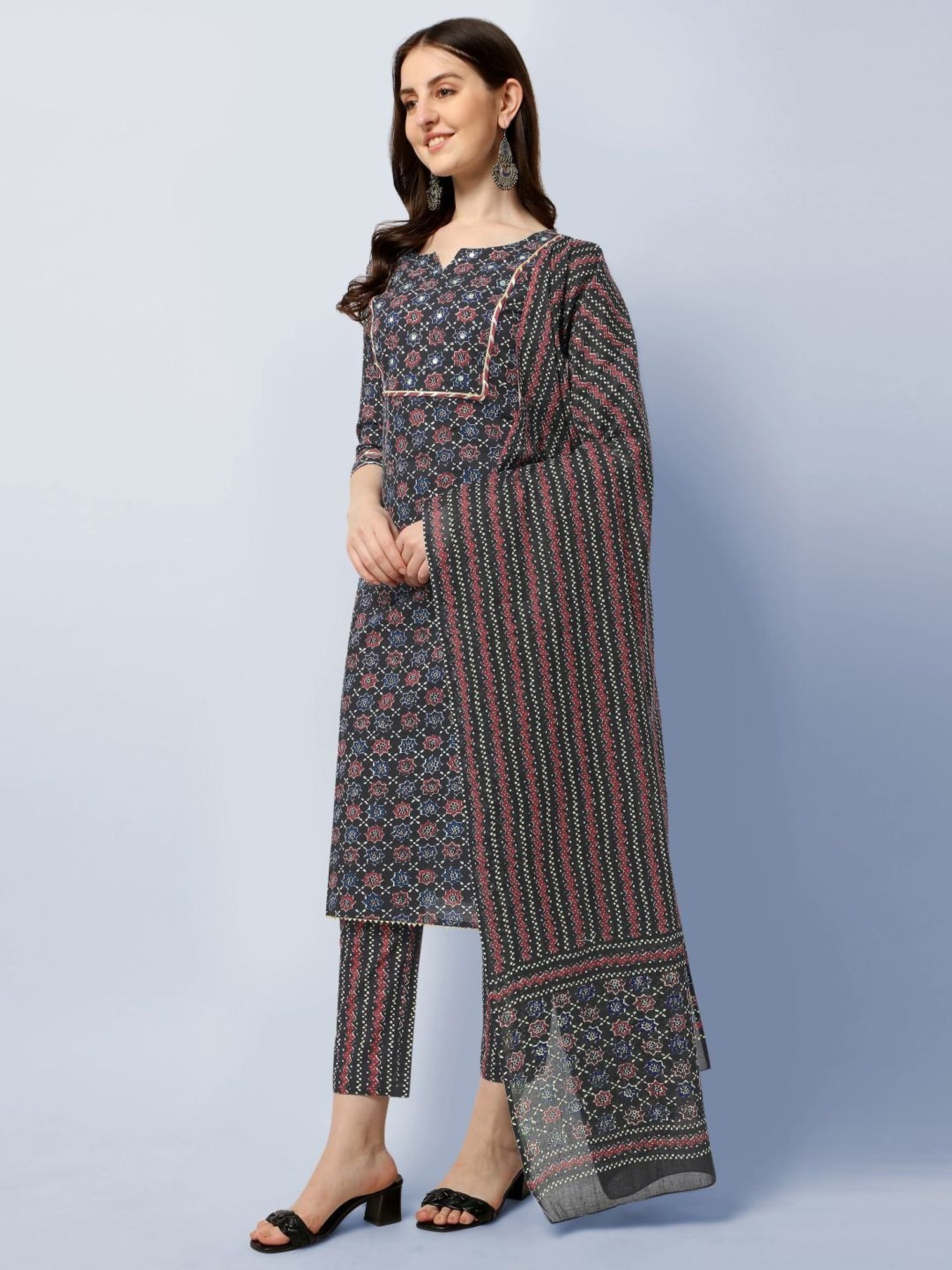 MIRCHI FASHION Black Cotton Embellished Kurta Pant Set With Dupatta