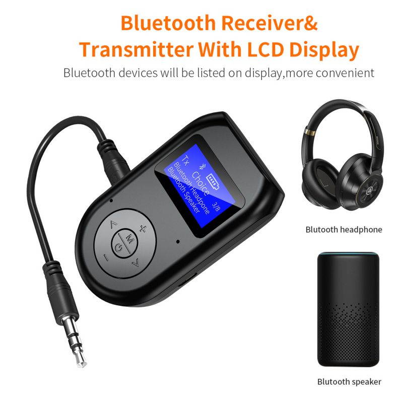2 IN 1 LCD Display Bluetooth 5.0 Wireless Audio Transmitter Receiver Adapter Dongle 3.5MM AUX with Mic Handfrees Calling For Car TV PC Speaker