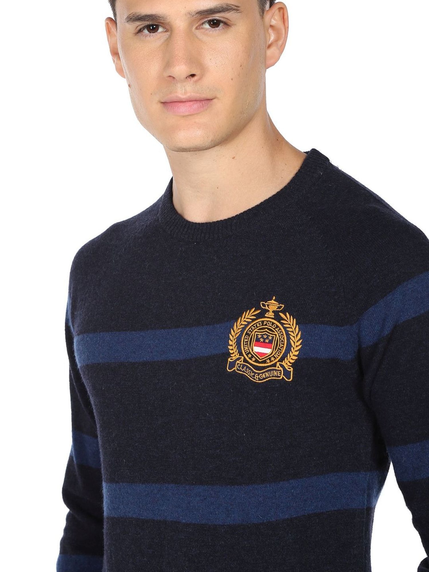 U.S. Polo Assn. Navy Blue Regular Fit Striped Sweater