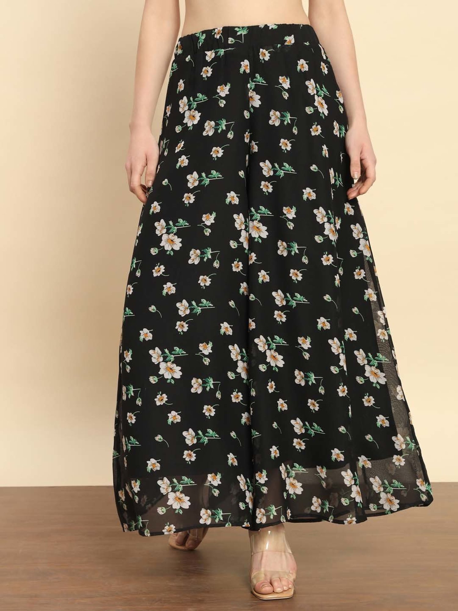 Trend Arrest Black Floral Print Flared Fit High Rise Palazzos