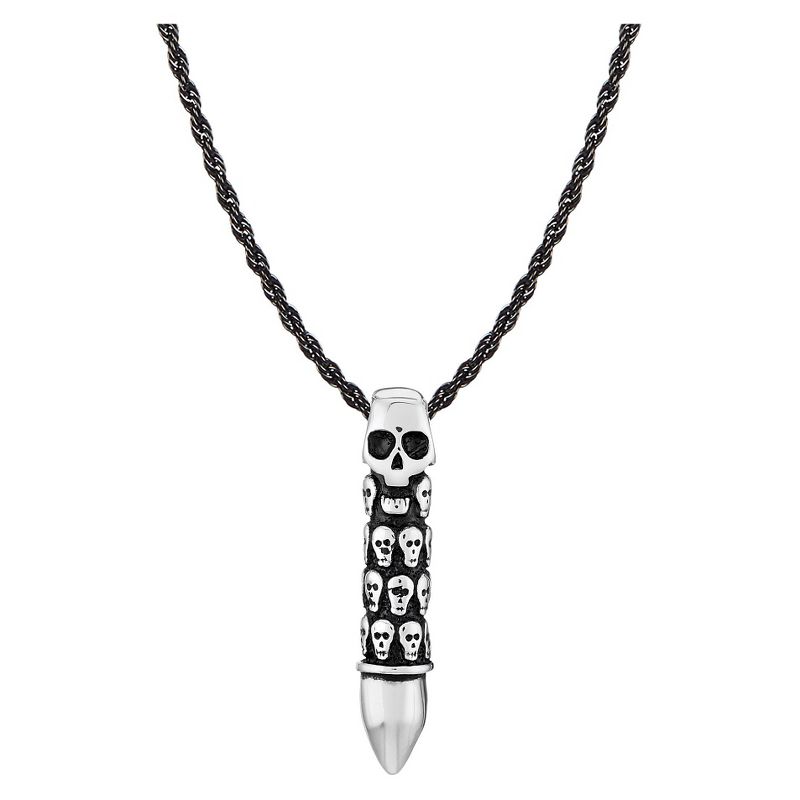 Men's Crucible Stainless Steel Skull Capsule Bullet Pendant Necklace - Silver/Black (24")