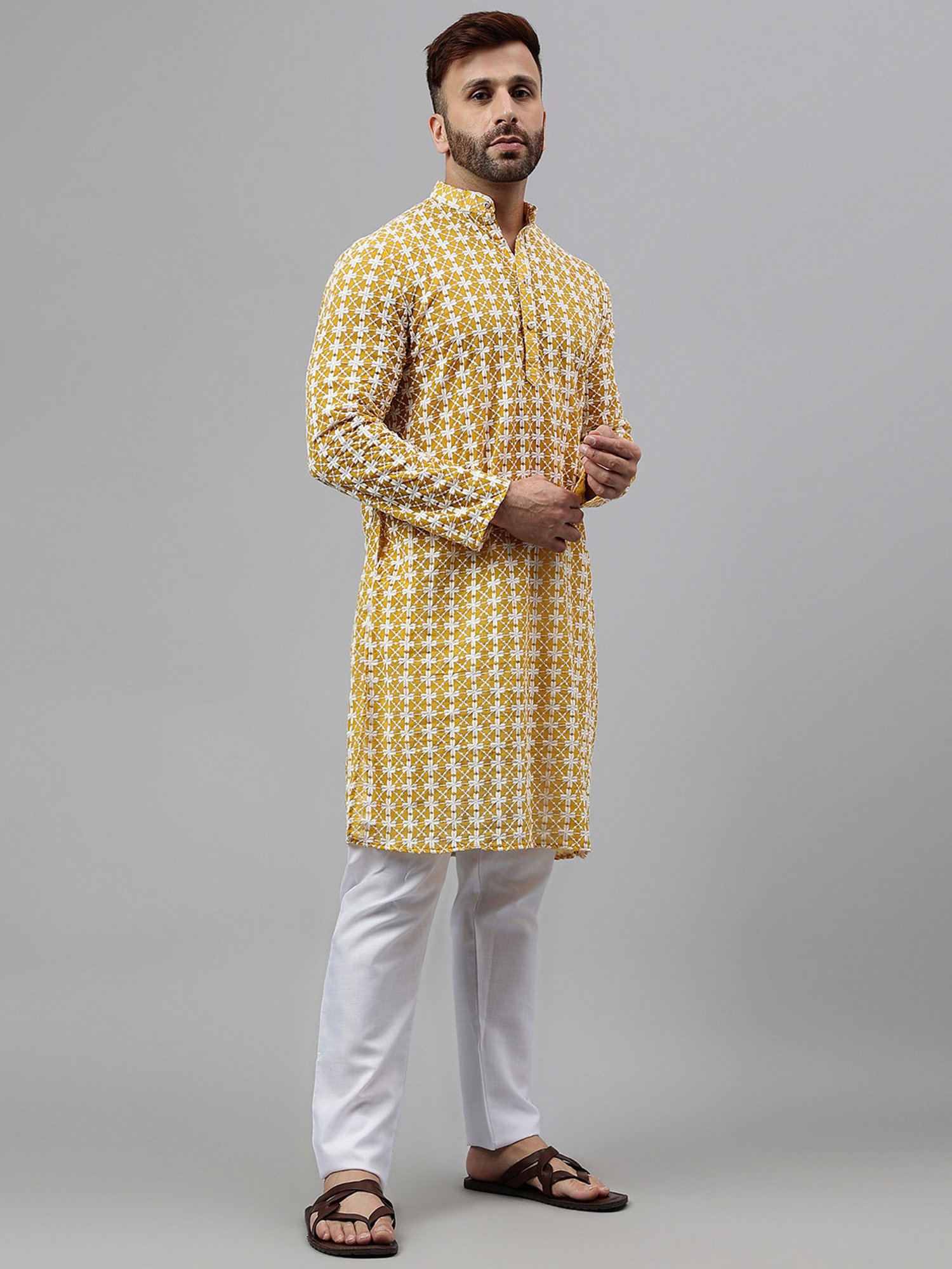 Hangup Mustard & White Regular Fit Embroidered Kurta & Pyjamas Set