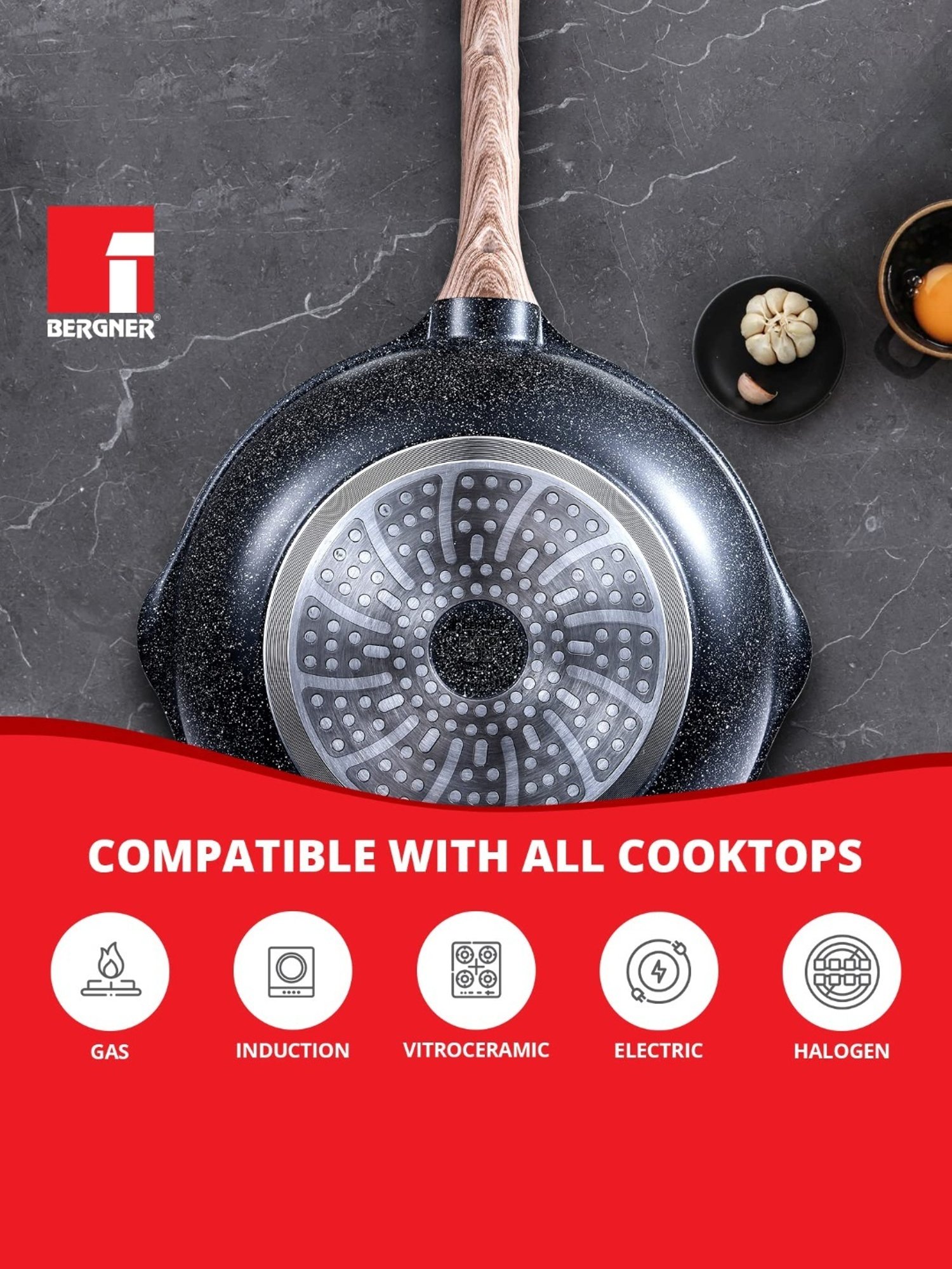 Bergner Grey Non-Stick Marble Induction Base Wok - 28cm (4.6L)