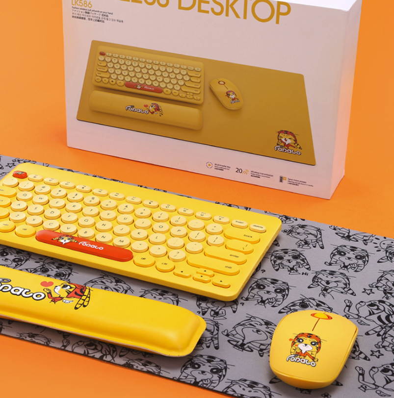 CORN LK586  Ergonomic Design Cartoon Pattern, Cool Exterior 2.4Ghz Wireless  Keyboard, Silent Clicking Mouse, Mouse Pad and Palm Rest Combo, Round and Retro Chiclet Keycaps - Yellow