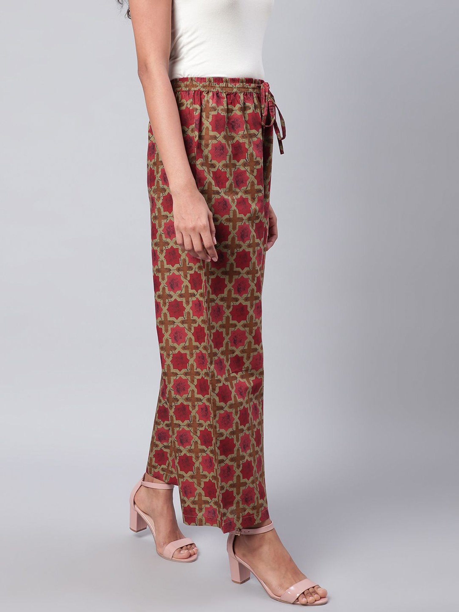 Sringam Coral & Beige Cotton Printed Palazzos