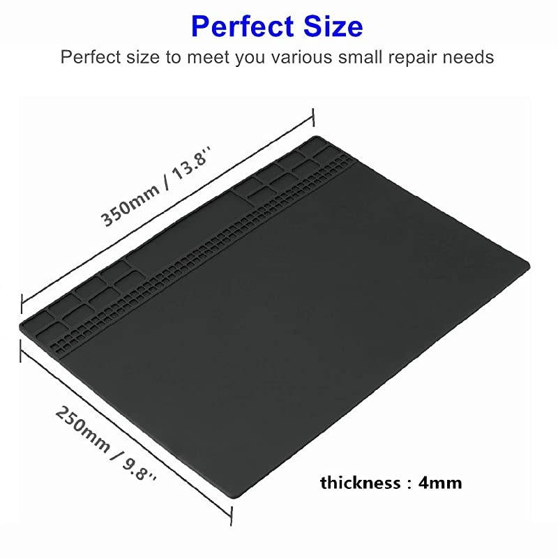 Mat, Premium Magnetic Silicone Repair Mat, Heat Resistant 932&deg;F Electronics Mat for Cellphone, Laptop, Computer, Solder Station Repair 13.8''x9.8'' Black