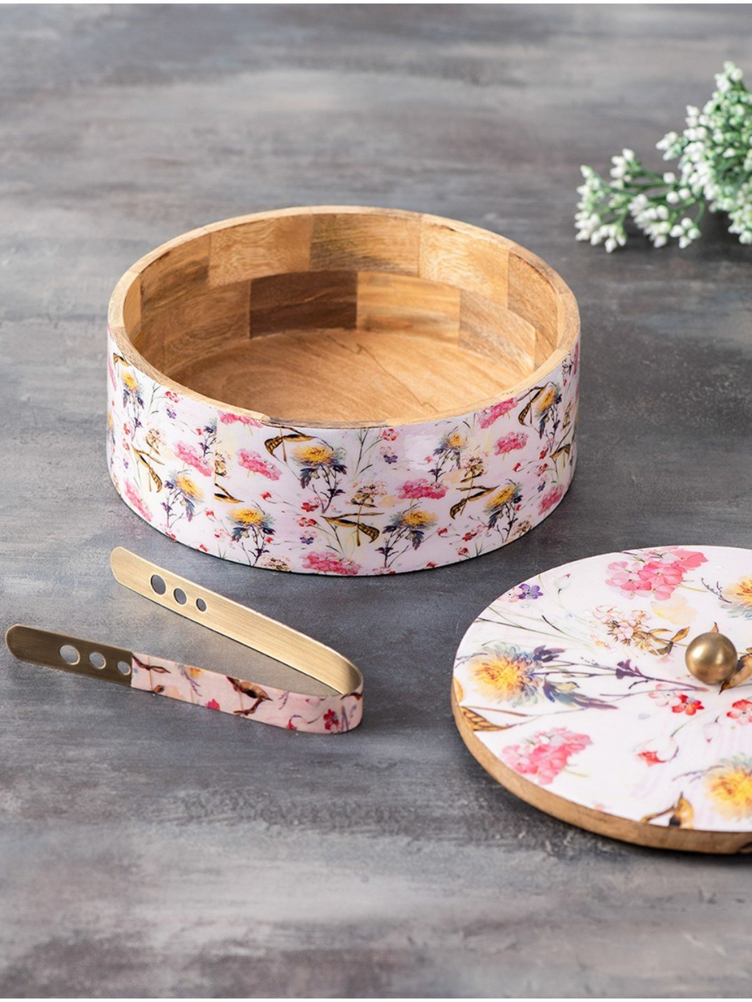 Nestroots Printed Casserole Wooden Box Chapati Box Food Warmer Set hotpot roti Box with Lid Tong