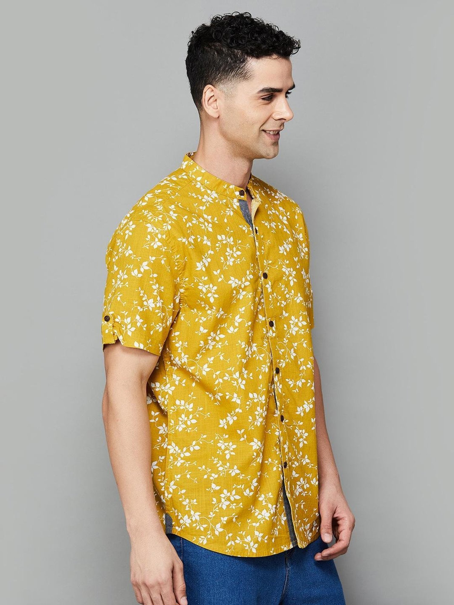 Melange By Lifestyle Mustard Cotton Regular Fit Printed Shirt