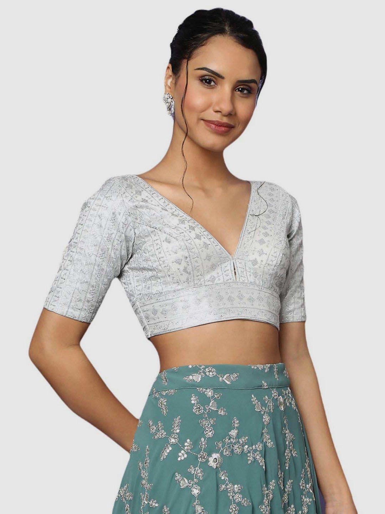 Salwar Studio Silver Embroidered Readymade Blouse