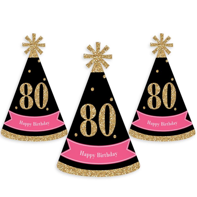 Big Dot of Happiness Chic 80th Birthday - Pink, Black and Gold - Cone Happy Birthday Party Hats for Kids and Adults - Set of 8 (Standard Size)