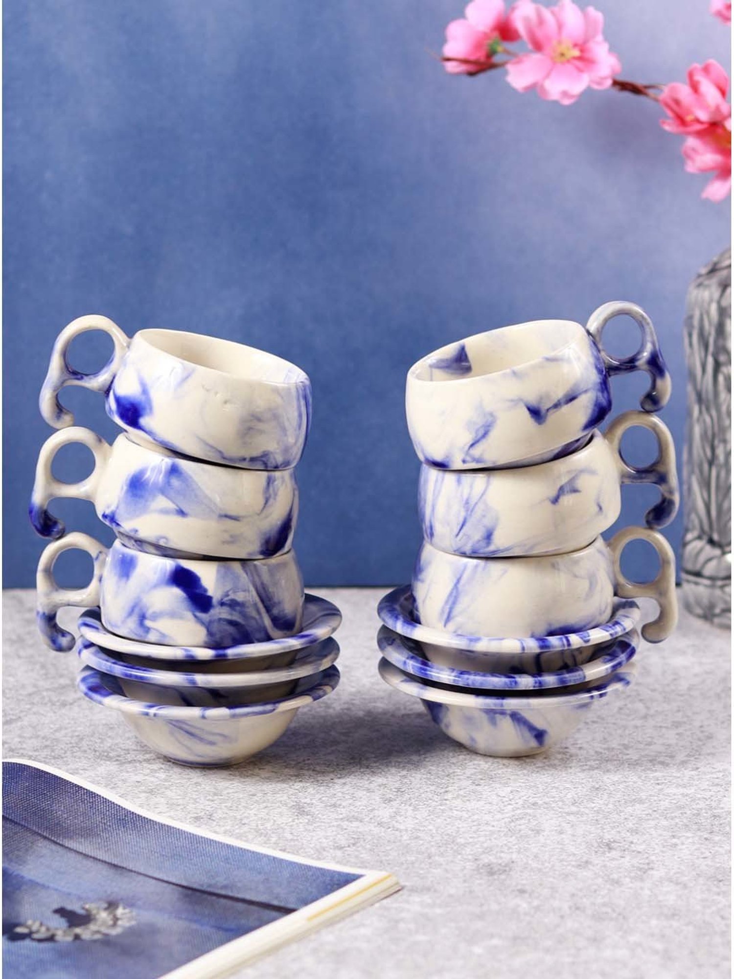 Unravel India Blue Shades Of Earth Chirag Ceramic 12Pc Cup & Saucer (0.15 L)