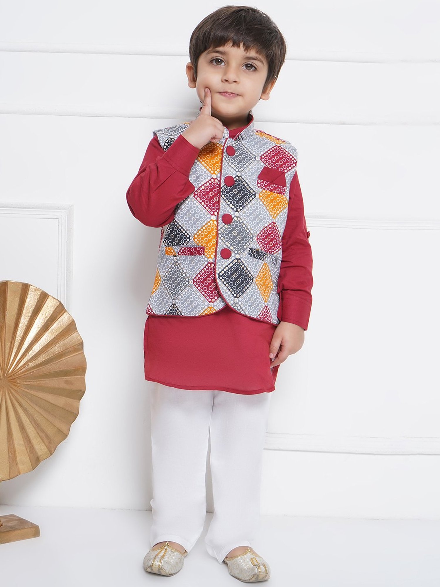 AJ Dezines Kids Multicolor Printed Full Sleeves Kurta, Pyjamas with Waistcoat