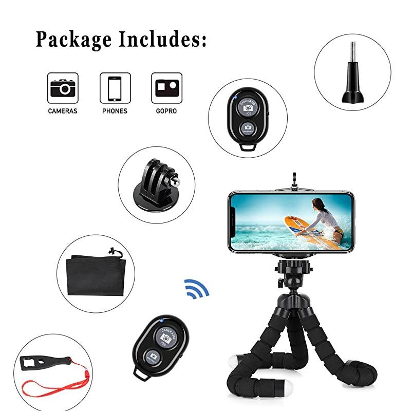 Phone Tripod, Flexible Cell Phone Selfie Stick Tripod Stand Camera Tripod Holder with Wireless Bluetooth Remote and Universal Clip for iPhone, Android Phone, Sports Camera GoPro