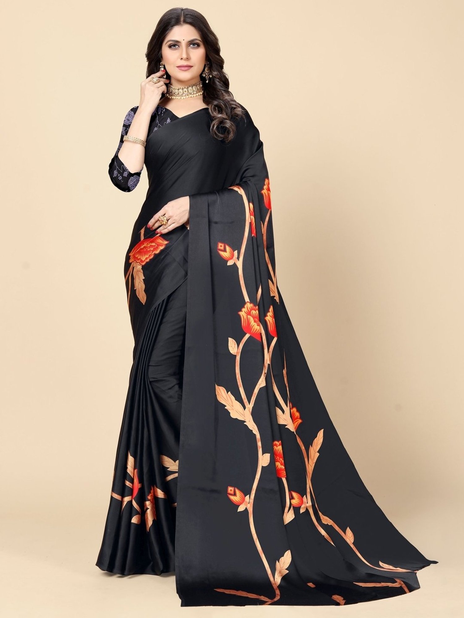 Rangita Black Floral Print Saree With Unstitched Blouse