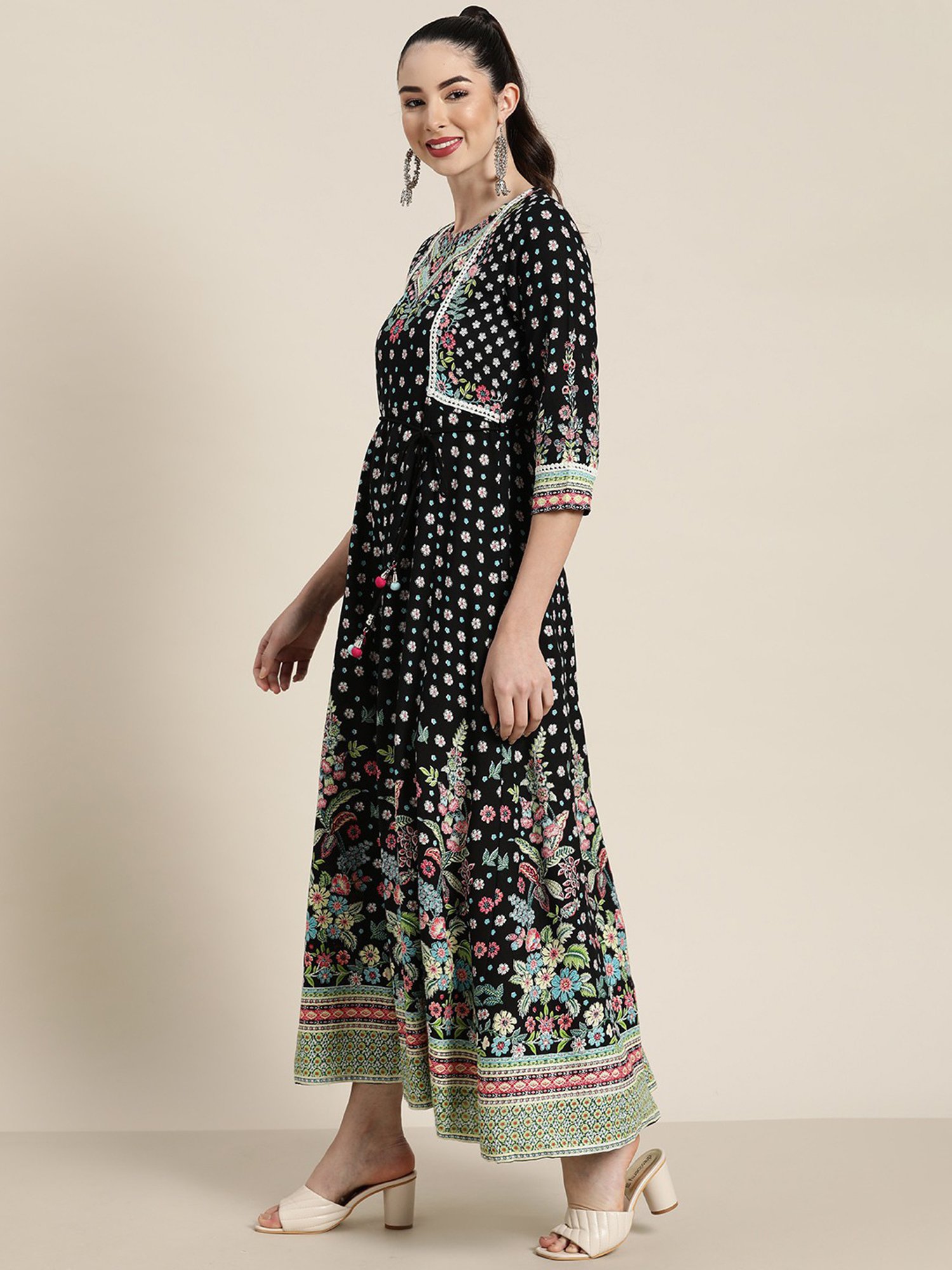Juniper Black Festive Floral Printed Rayon Anarkali Dress