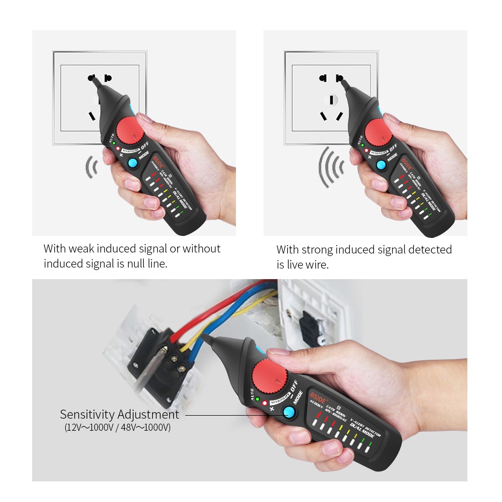BSIDE Non-contact AC Voltage Tester Pen Shaped V~Alert Detector Auto/Manual Dual Mode NCV Tester Live Wire Check with Adjustable Sensitivity Sound and Light Alarm