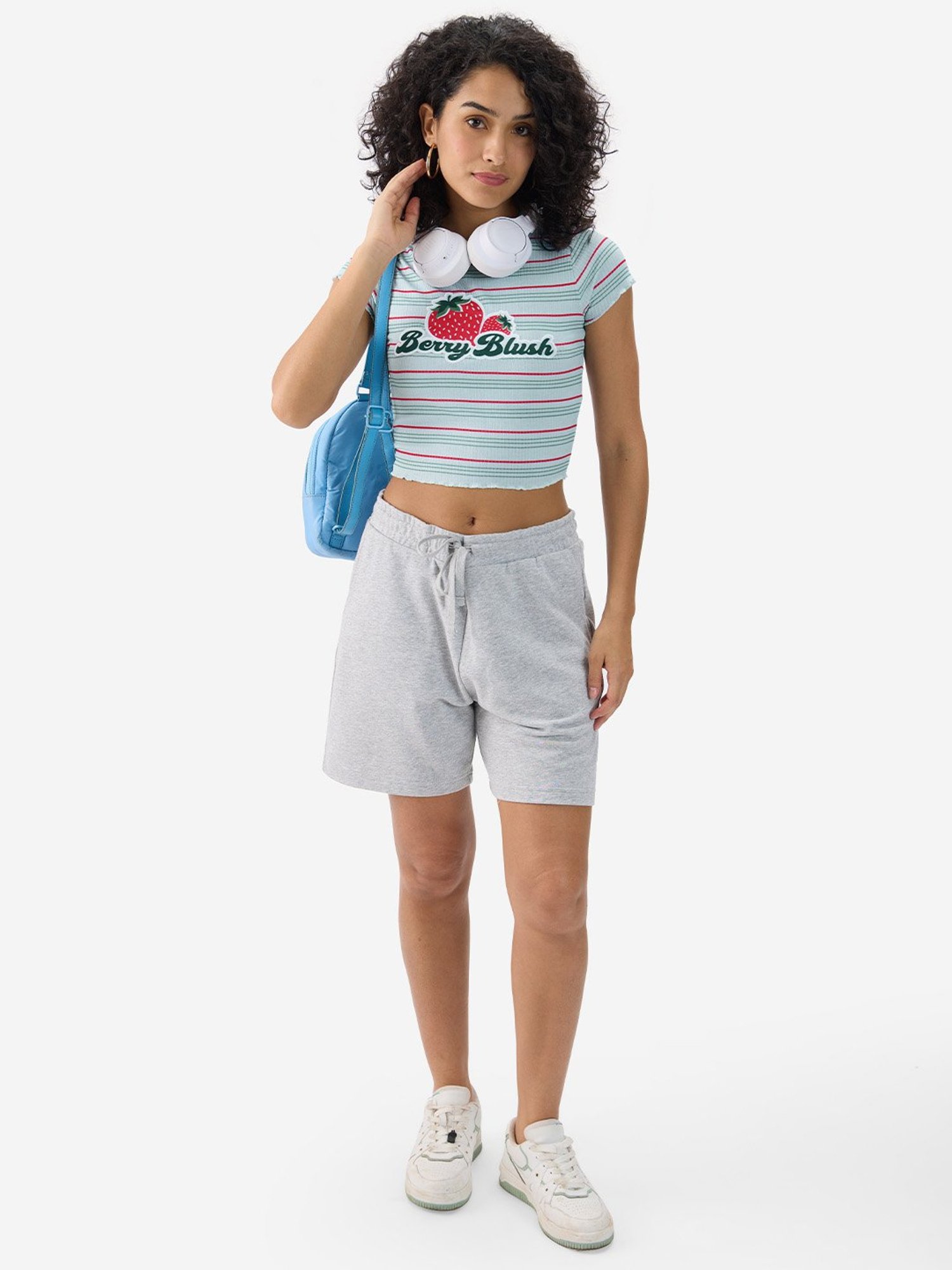 The Souled Store Light blue Striped Crop Top
