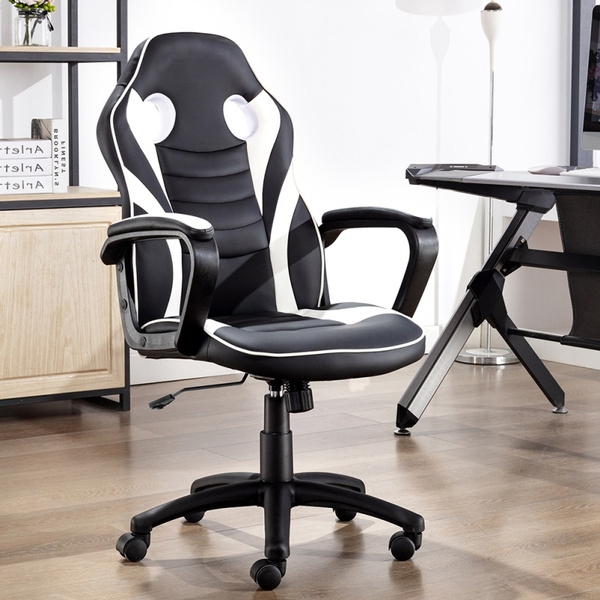 HOMEMAXS Gaming Chair - Ergonomic Office Chair for Adults, Adjustable Swivel PU Computer Chair, High Back Desk Chair with Lumbar Support, Black and White