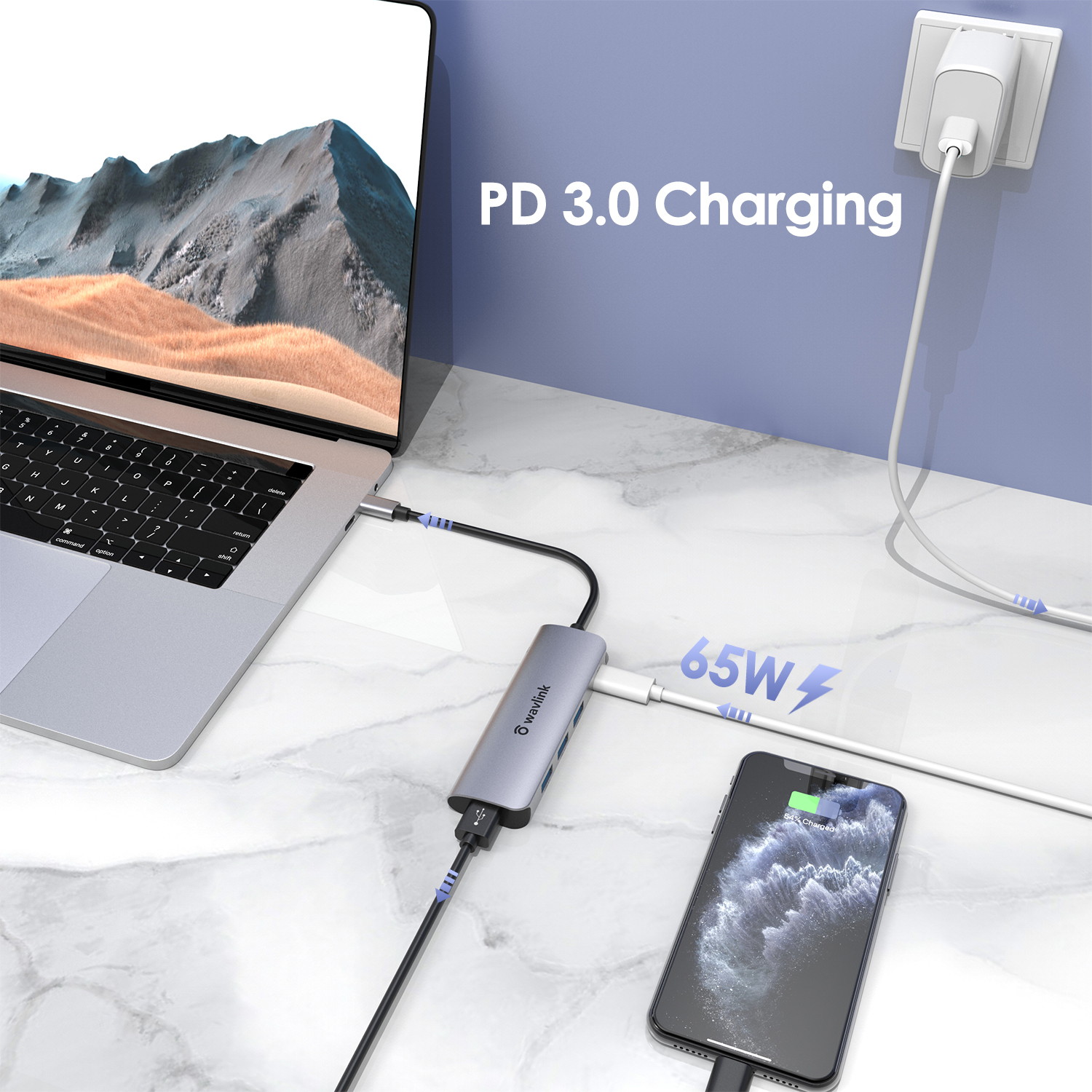 Wavlink USB C Hub, Type C Adapter Mini Docking Station with 4K HDMI Port, 2 USB 3.0, TF/SD Card Reader, USB-C PD3.0 100W  and Thunderbolt 3, LED indicator For MacBook Pro for MacBook Pro/Air