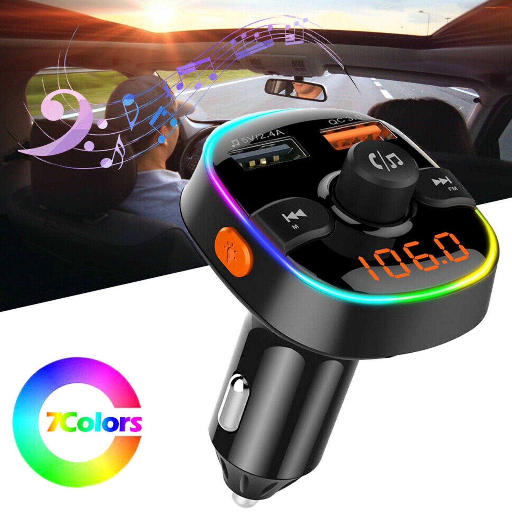 Bluetooth 5.0 FM Transmitter QC3.0 Car Charger 7Color Radio Adapter Handsfree TF