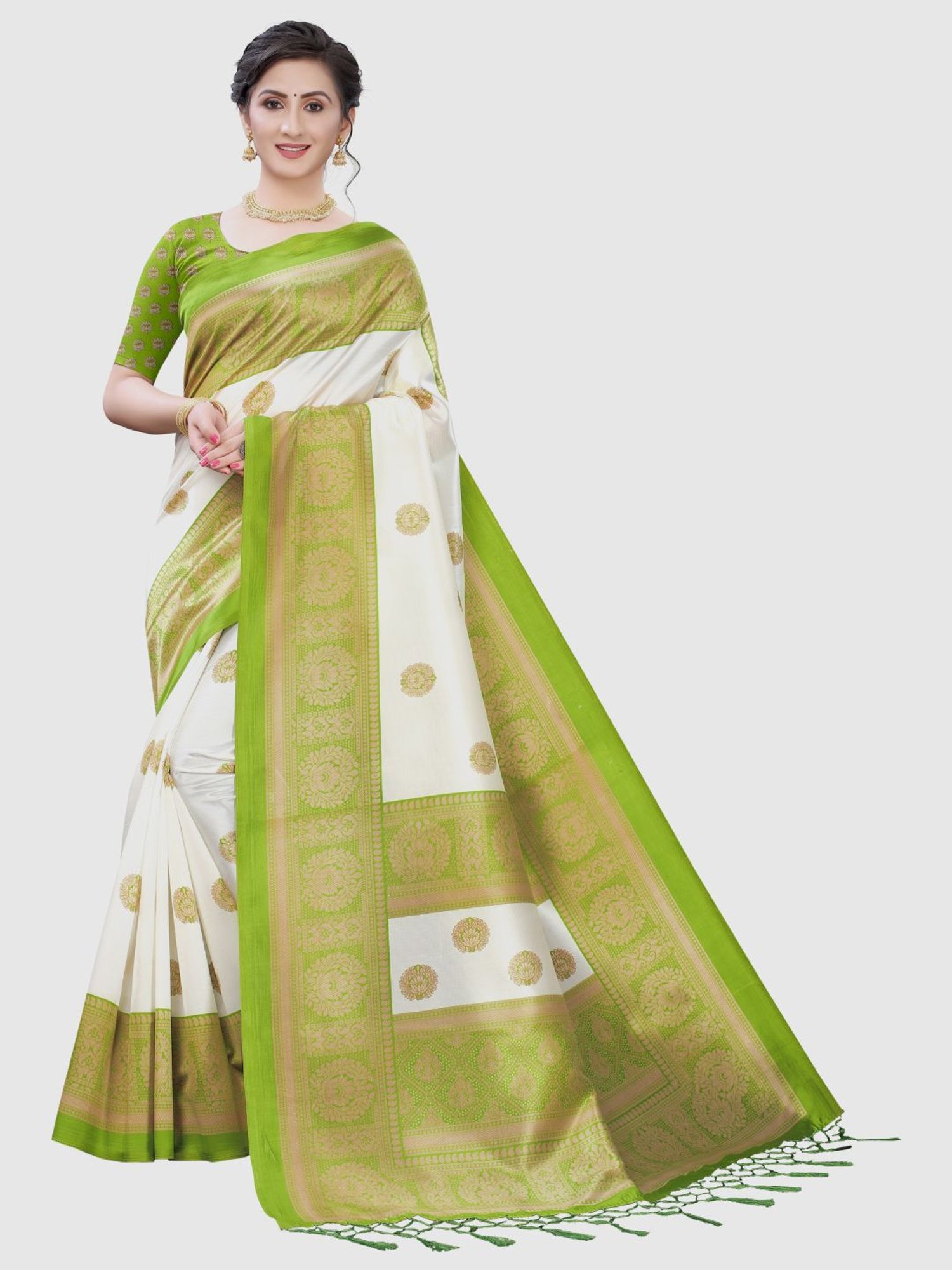 KSUT White & Green Woven Saree With Unstitched Blouse
